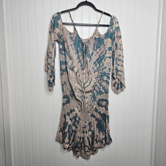Blue Life Tie Dye Shirred Waist Open Shoulder Dress Size Small Beach Boho Summer - Picture 9 of 10
